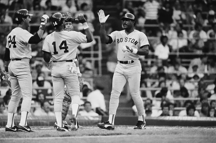 Framed Print : Don Baylor Crosses Home, High Fives J.Ric Framed Print : Don Baylor Crosses Home, High Fives J.Ric