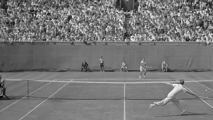 Framed Print : Don Budge Chasing Down Ball