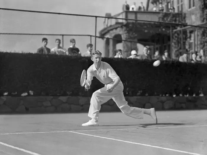 Framed Print : Don Budge Chasing Down Forehand Shot