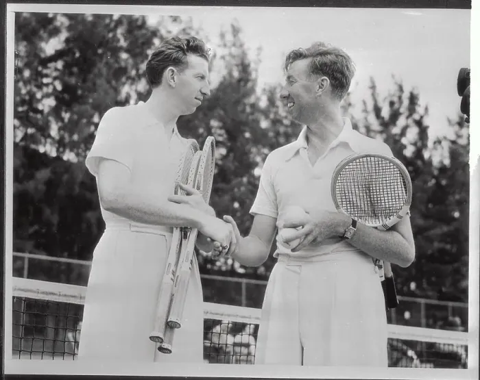 Framed Print : Don Budge Shaking Hands with Brother Lloyd Framed Print : Don Budge Shaking Hands with Brother Lloyd