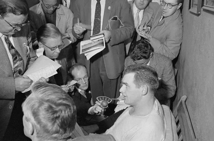 Framed Print : Don Larsen Giving Report to Newsmen Framed Print : Don Larsen Giving Report to Newsmen