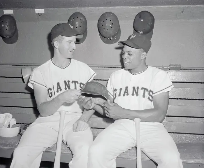 Framed Print : Don Mueller and Willie Mays Holding Sides of Helmet Framed Print : Don Mueller and Willie Mays Holding Sides of Helmet