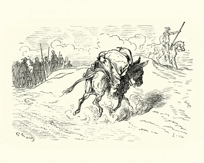 Framed Print : Don Quixote, Sancho Panza riding donkey Framed Print : Don Quixote, Sancho Panza riding donkey