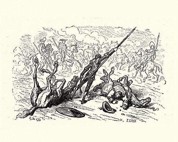 Don Quixote unhorsed by a herd of cattle