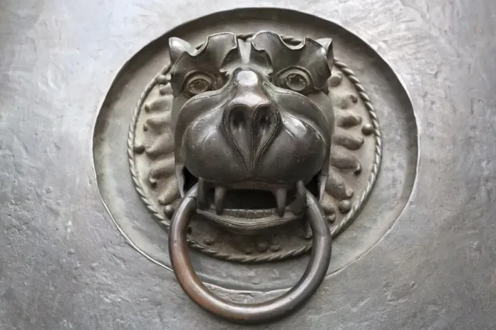 Framed Print : Door knocker with a lions head, 14th century, main entrance to St Lorenz Church, Nuremberg, Middle Franconia, Bavaria, Germany