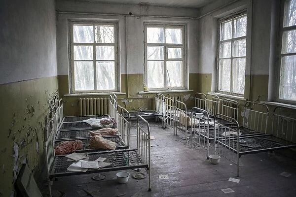 Dormitory, abandoned kindergarten of a village in the contaminated zone, near Chernobyl