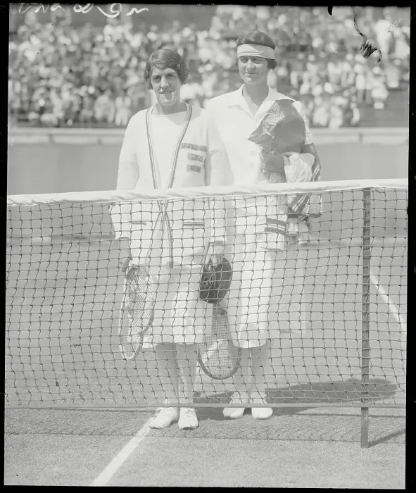Framed Print : Dorothea Chambers and Eleanor Goss Posing by Tennis Net Framed Print : Dorothea Chambers and Eleanor Goss Posing by Tennis Net