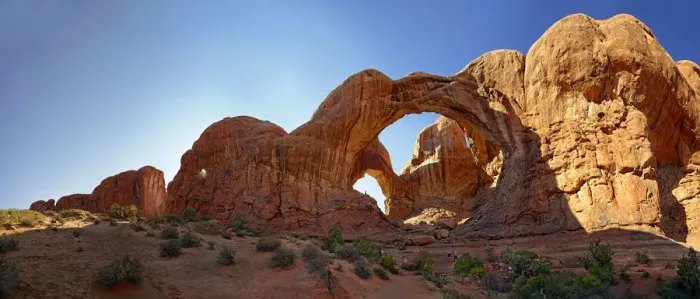 Framed Print : Double Arch, stone arches of red sandstone formed by erosion, Arches-Nationalpark, near Moab, Utah, United States