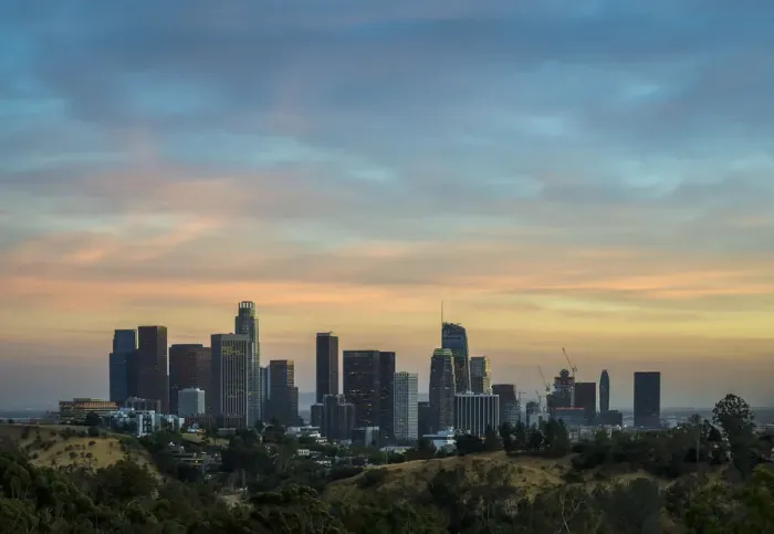 Framed Print : Downtown Los Angeles Skyline During Colorful Sunset Framed Print : Downtown Los Angeles Skyline During Colorful Sunset