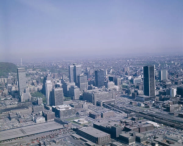 Downtown Montreal, Canada, circa 1970. The Place Bonaventure complex is in the centre
