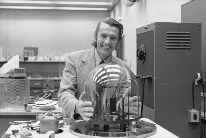 Framed Print : Dr. Ivar Giaever Standing by His Experimental Machinery Framed Print : Dr. Ivar Giaever Standing by His Experimental Machinery