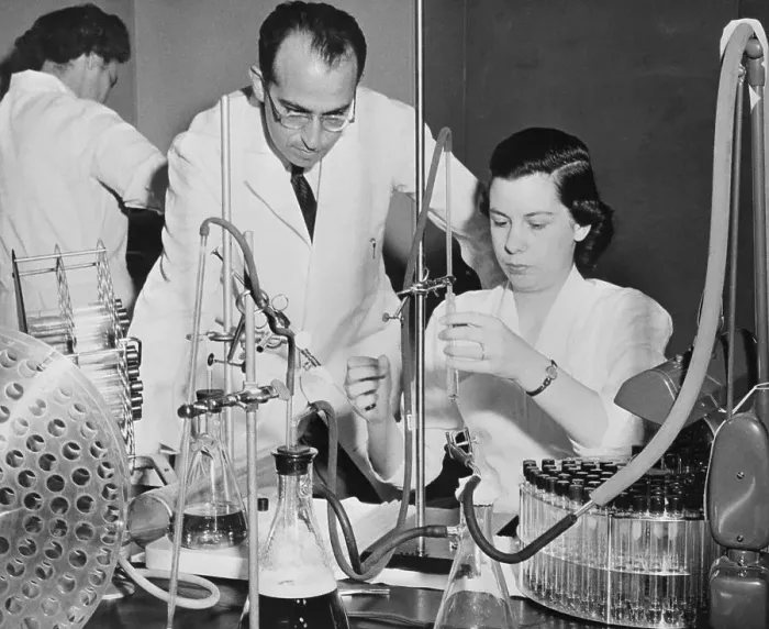 Framed Print : Dr. Jonas Salk and Research Assistant