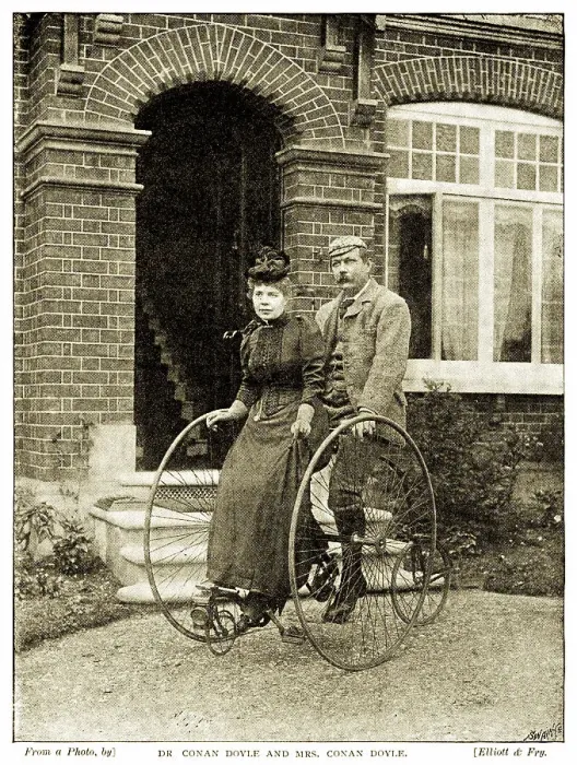 Framed Print : Dr and Mrs Conan Doyle on their tricycle outside their home in South Norwood, London Framed Print : Dr and Mrs Conan Doyle on their tricycle outside their home in South Norwood, London