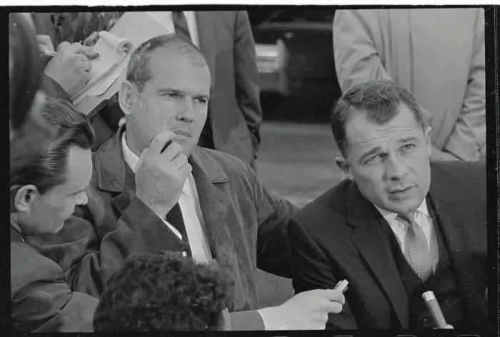 Framed Print : Dr. Samuel Sheppard and F. Lee Bailey Answering Newsmen's Questions Framed Print : Dr. Samuel Sheppard and F. Lee Bailey Answering Newsmen's Questions