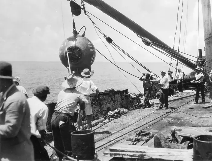 Framed Print : Dr. William Beebe on Barge with Crew Framed Print : Dr. William Beebe on Barge with Crew