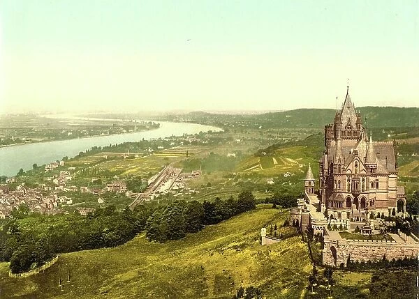 Drachenburg and Koenigswinter on the Rhine, North Rhine-Westphalia, Germany, Historic, digitally restored reproduction of a photochrome print from the 1890s