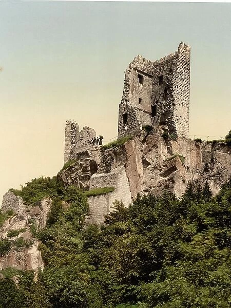 Drachenfels Castle Ruin in the Siebengebirge, North Rhine-Westphalia, Germany, Historic, digitally restored reproduction of a photochromic print from the 1890s