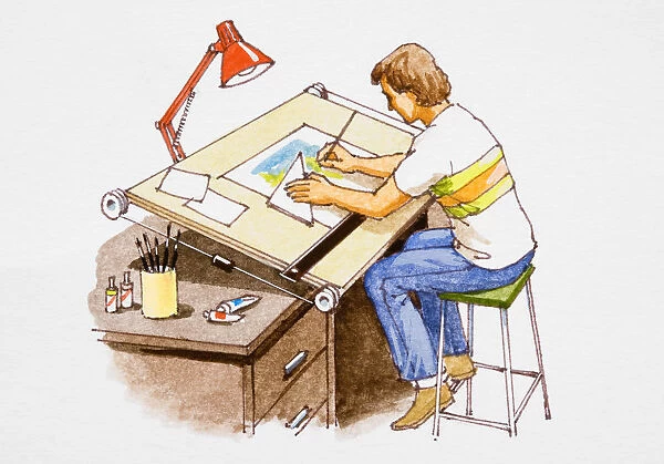 Draftsman working at desk in office, elavated view