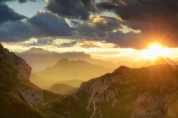 Dramatic Setting sun near Passo Giau, Dolomites