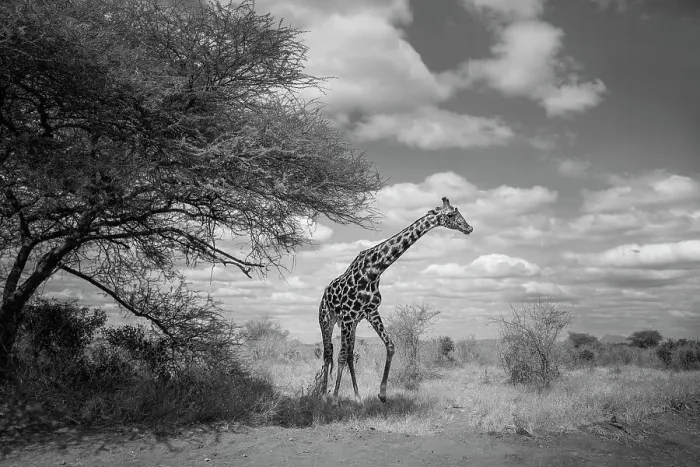 Framed Print : Dramatic Sky and Giraffe on the Move at Tsavo East, Kenya Framed Print : Dramatic Sky and Giraffe on the Move at Tsavo East, Kenya