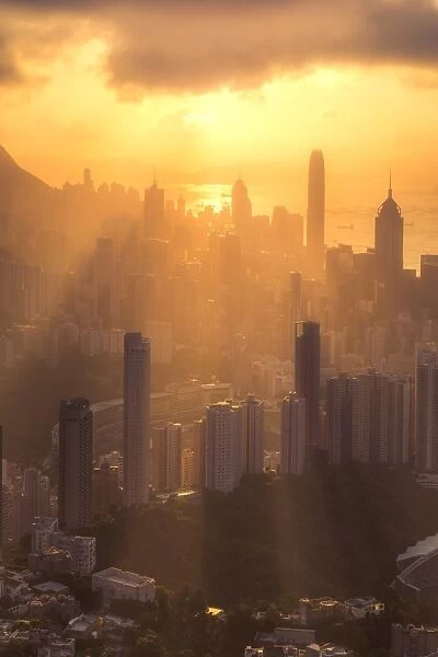 Dramatic sunset over Hong Kong city