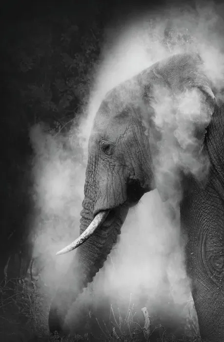 Framed Print : Dramatic vertical of Elephant dusting in black and white at Amboseli, Kenya