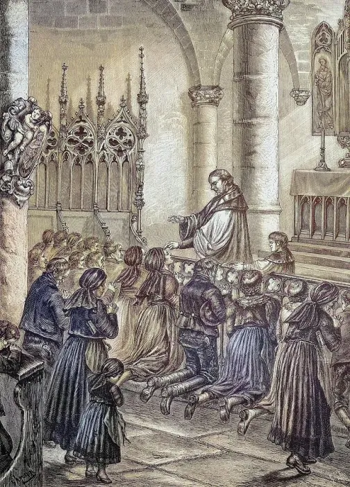 Framed Print : Drawing the ash cross on the forehead of the faithful, custom on Ash Wednesday in Bavaria, Germany, Historic, digitally restored reproduction from a 19th century original