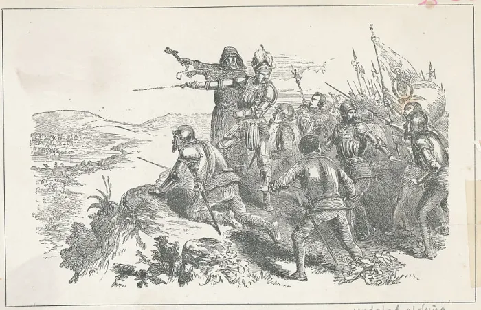 Framed Print : Drawing of Cortez and Men near Mexico Framed Print : Drawing of Cortez and Men near Mexico