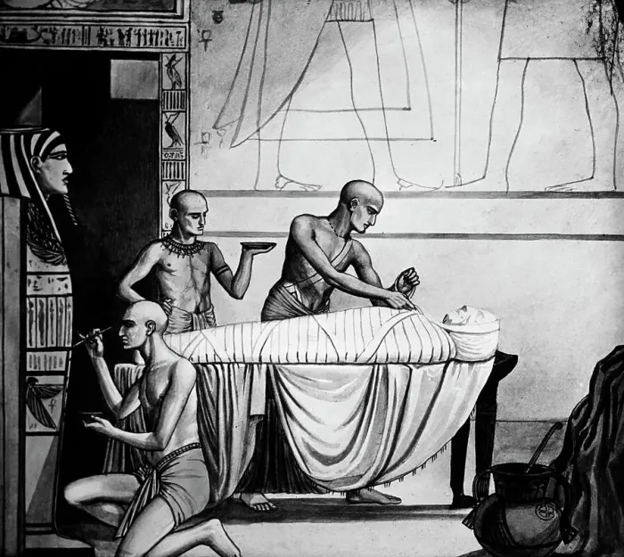 Framed Print : Drawing Depicting Egyptian Embalmers, Mummy and Coffin Framed Print : Drawing Depicting Egyptian Embalmers, Mummy and Coffin