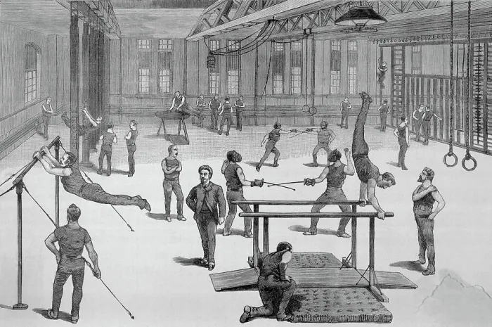 Framed Print : Drawing Depicting Patrons of an Outdoor Gymnasium Framed Print : Drawing Depicting Patrons of an Outdoor Gymnasium