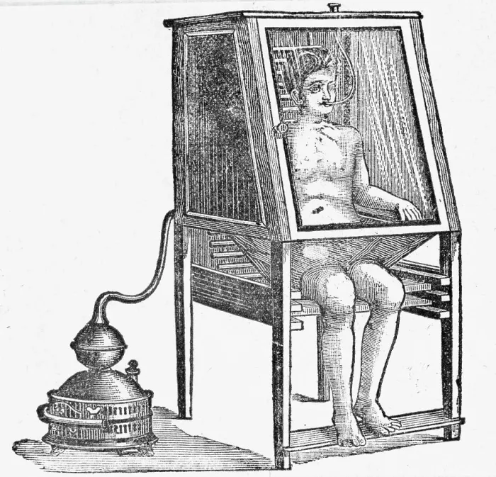 Framed Print : Drawing of Man Inside an Early Steam Bath Framed Print : Drawing of Man Inside an Early Steam Bath