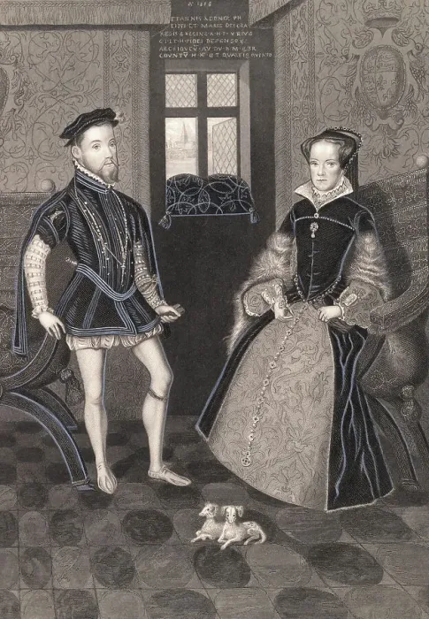 Framed Print : Drawing of Mary I Queen of England with Man and Dogs Framed Print : Drawing of Mary I Queen of England with Man and Dogs