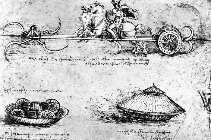 Framed Print : Drawing of a Storming Wagon and a Tank-Like Vehicle by Leonardo da Vinci