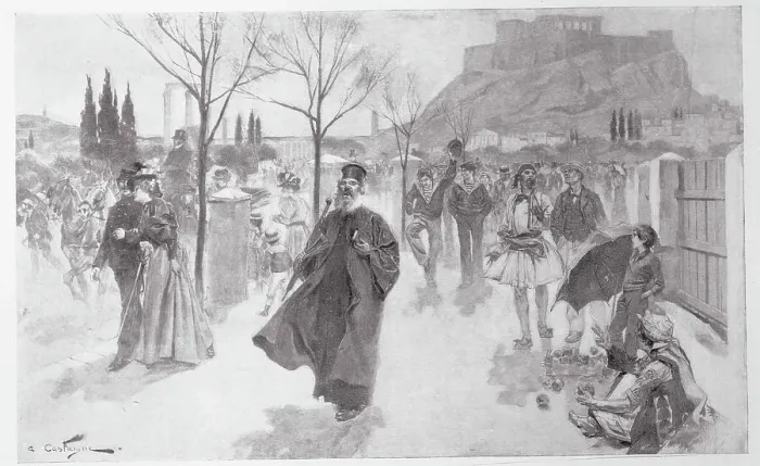 Framed Print : Drawing of Townsfolk on Way to Olympic Events Framed Print : Drawing of Townsfolk on Way to Olympic Events