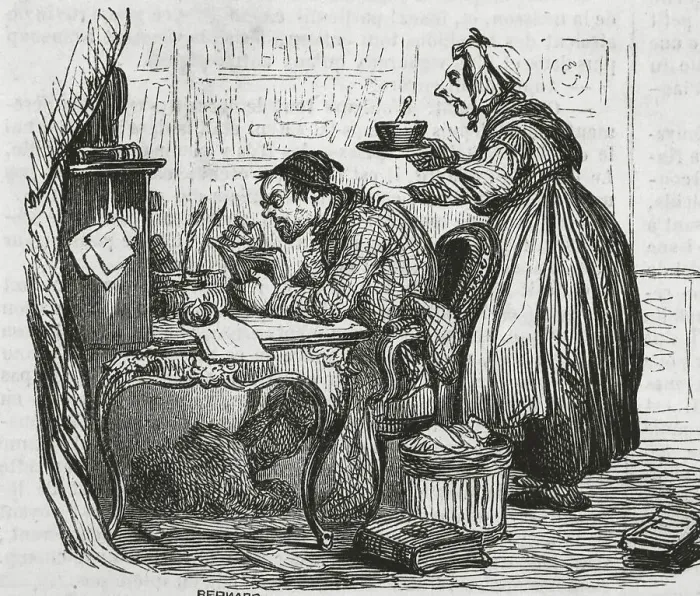 Framed Print : Drawing of Wife Serving Her Husband a Meal in Study Framed Print : Drawing of Wife Serving Her Husband a Meal in Study