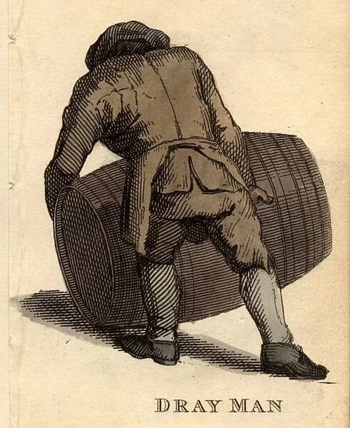 Dray Man. circa 1850: A dray man rolling a barrel of beer