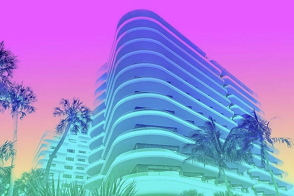 Dreamlike picture of colorful building with palm trees in Miami beach