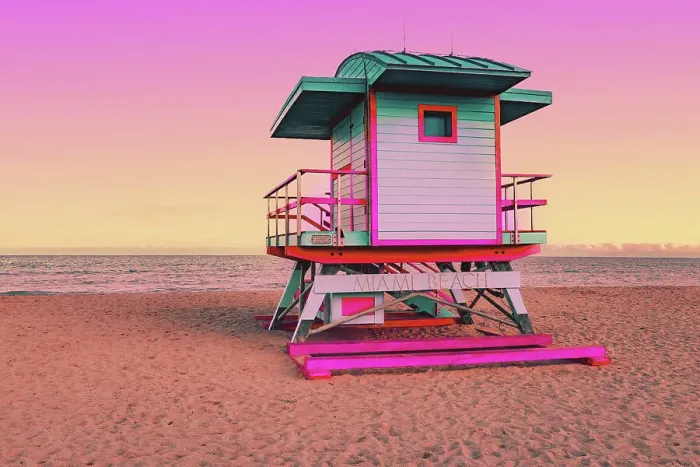 Framed Print : Dreamlike picture of colorful lifeguard cabin in the Miami beach at sunset Framed Print : Dreamlike picture of colorful lifeguard cabin in the Miami beach at sunset