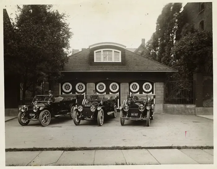 Framed Print : Drivers Sitting in Cars Outside Three Door Garage Framed Print : Drivers Sitting in Cars Outside Three Door Garage