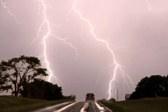 Framed Print : Driving into the storm, Double lightning bolts over highway. Nebraska. USA Framed Print : Driving into the storm, Double lightning bolts over highway. Nebraska. USA