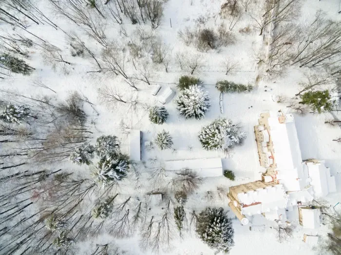 Framed Print : Drone picture taken from directly above of the winter landscape of the Montseny nature reserve covered with snow