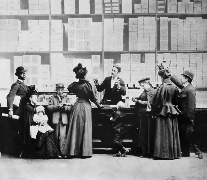 Framed Print : Drugstore Pharmacist and Customers