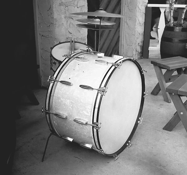 Drum kit, outdoors, (B&W)