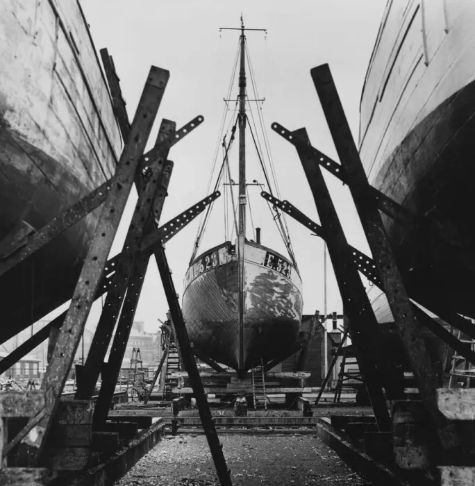 Framed Print : Dry Boat. circa 1950: A fishing boat in dry dock, Esbjerg, Denmark Framed Print : Dry Boat. circa 1950: A fishing boat in dry dock, Esbjerg, Denmark