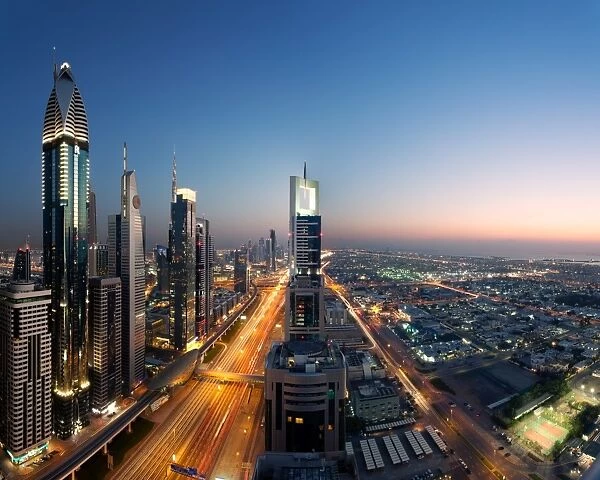 Dubai skyline at dusk, United Arab Emirates
