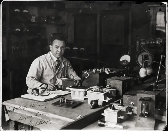 Framed Print : Dubilier In Laboratory W / Radio Parts Framed Print : Dubilier In Laboratory W / Radio Parts