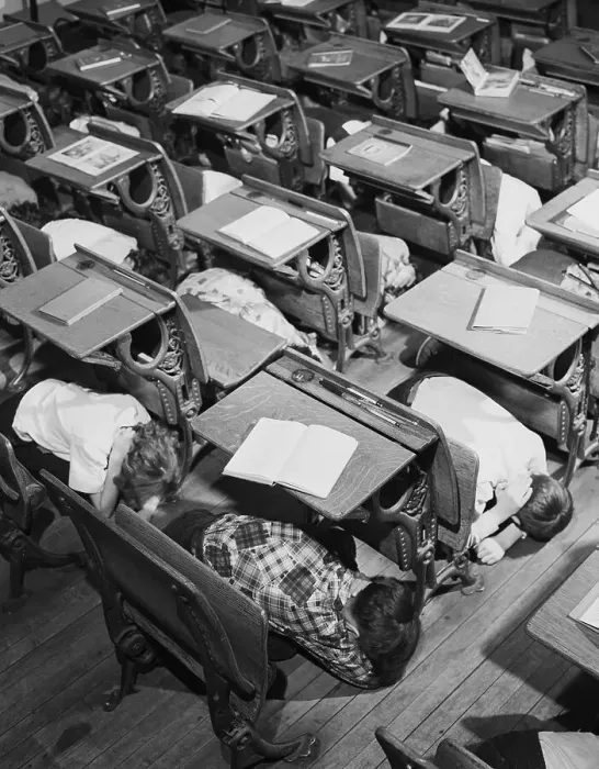 Framed Print : Duck and Cover Drill in School Classroom Framed Print : Duck and Cover Drill in School Classroom