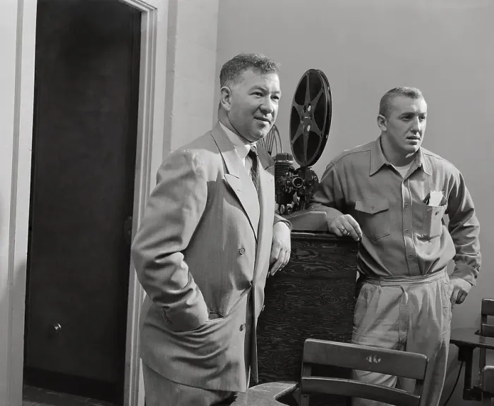 Framed Print : Duffy Daugherty and Buck Nystrom Watching Game Films Framed Print : Duffy Daugherty and Buck Nystrom Watching Game Films