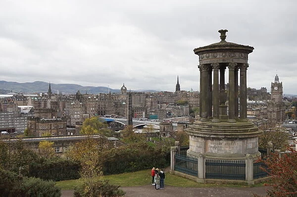 Dugald Stewart Monument and old city of Edinburgh, United Kingdom