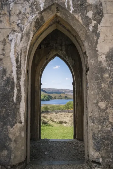 Framed Print : Dunlewy (Dunlewey) Old Church, Poisoned Glen, County Donegal, Ulster region, Ireland, Europe. View from the inside over the bell tower